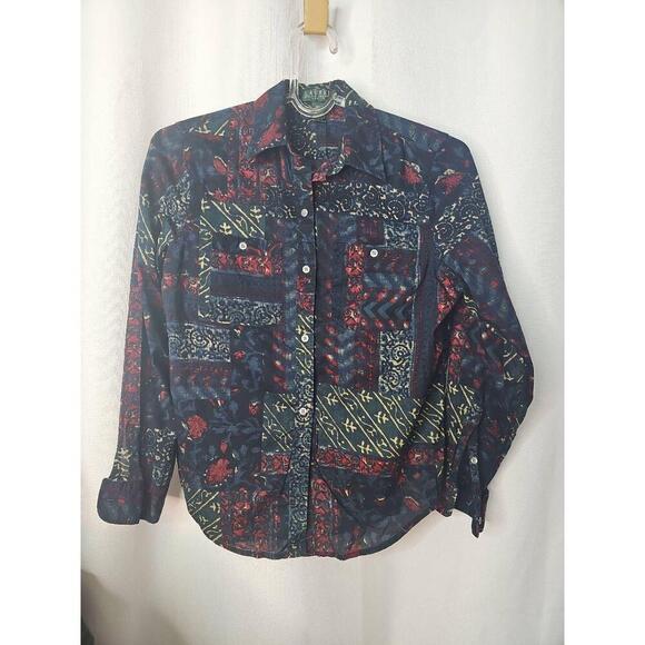 Ralph Lauren Button Down Shirt Patchwork Printed Petite Small Roll Sleeve - Picture 1 of 8